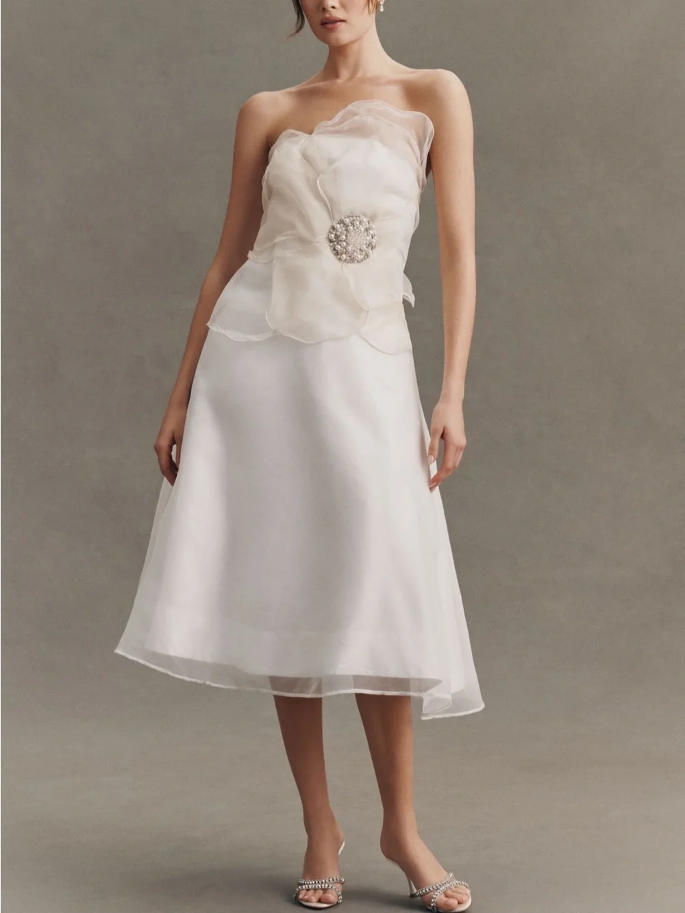 Anthropologie Strapless Ivory Organza Floral-Bodice Midi Dress
